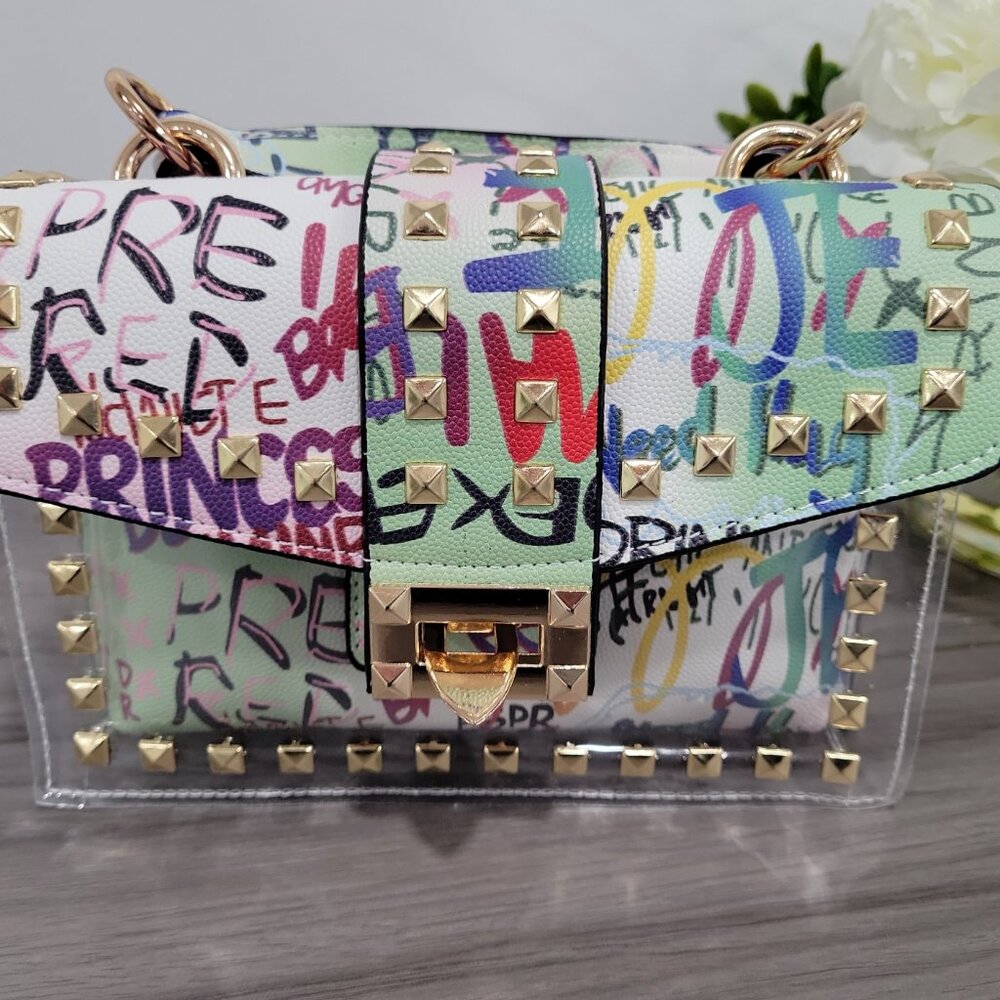 🎁 Graffiti Print Clear 2pc Crossbody Clutch w/ Studs & Removable Zippered Pouch - Picture 8 of 13